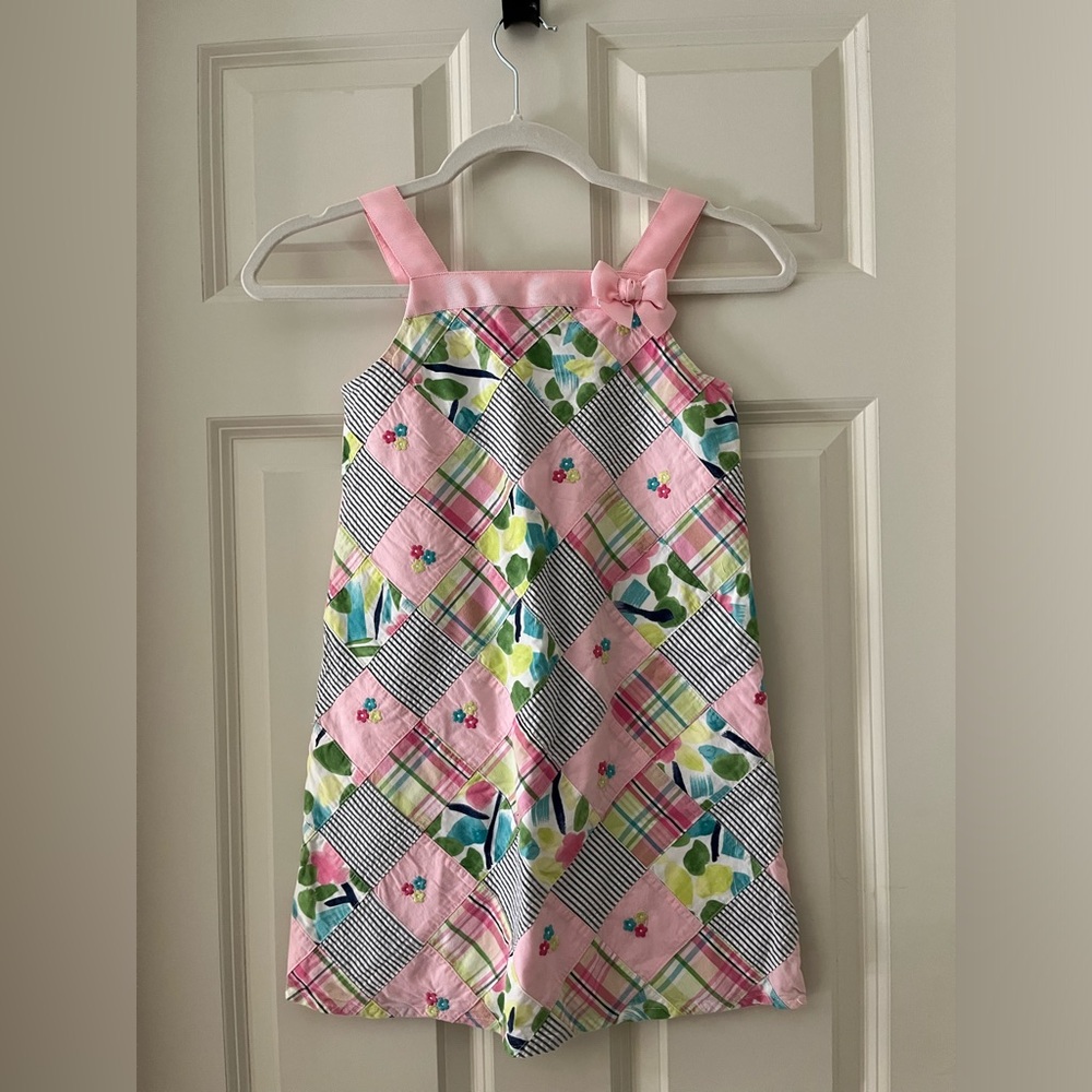 Gymboree patchwork sleeveless sundress w/ pink ribbon shoulder straps girls 7